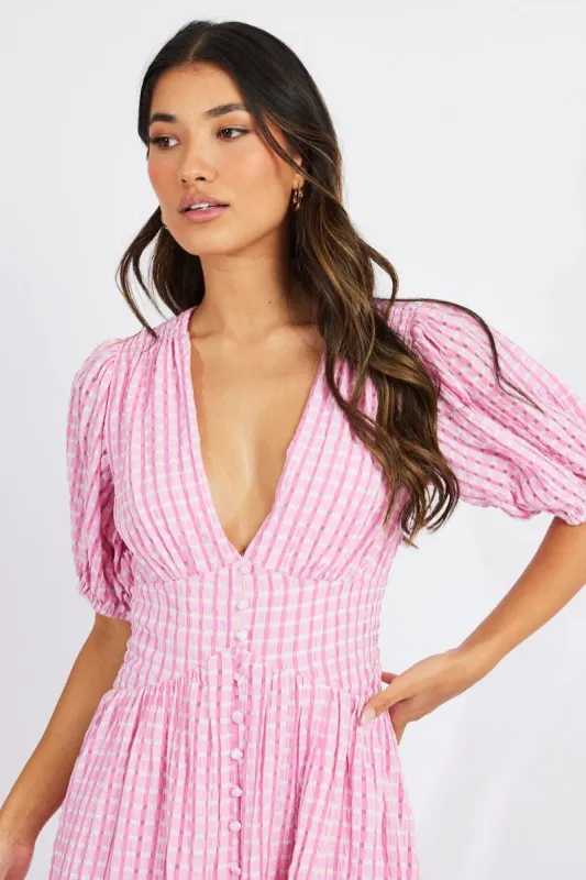 Pink Midi Dress Puff Sleeve sold by Ally Fashion