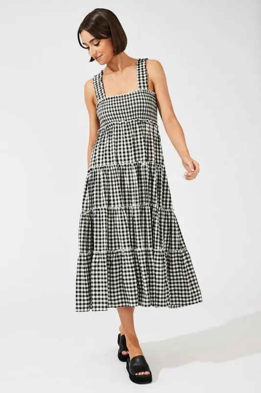 Black Check Maxi Dress Shirred Bust Tiered sold by Ally Fashion