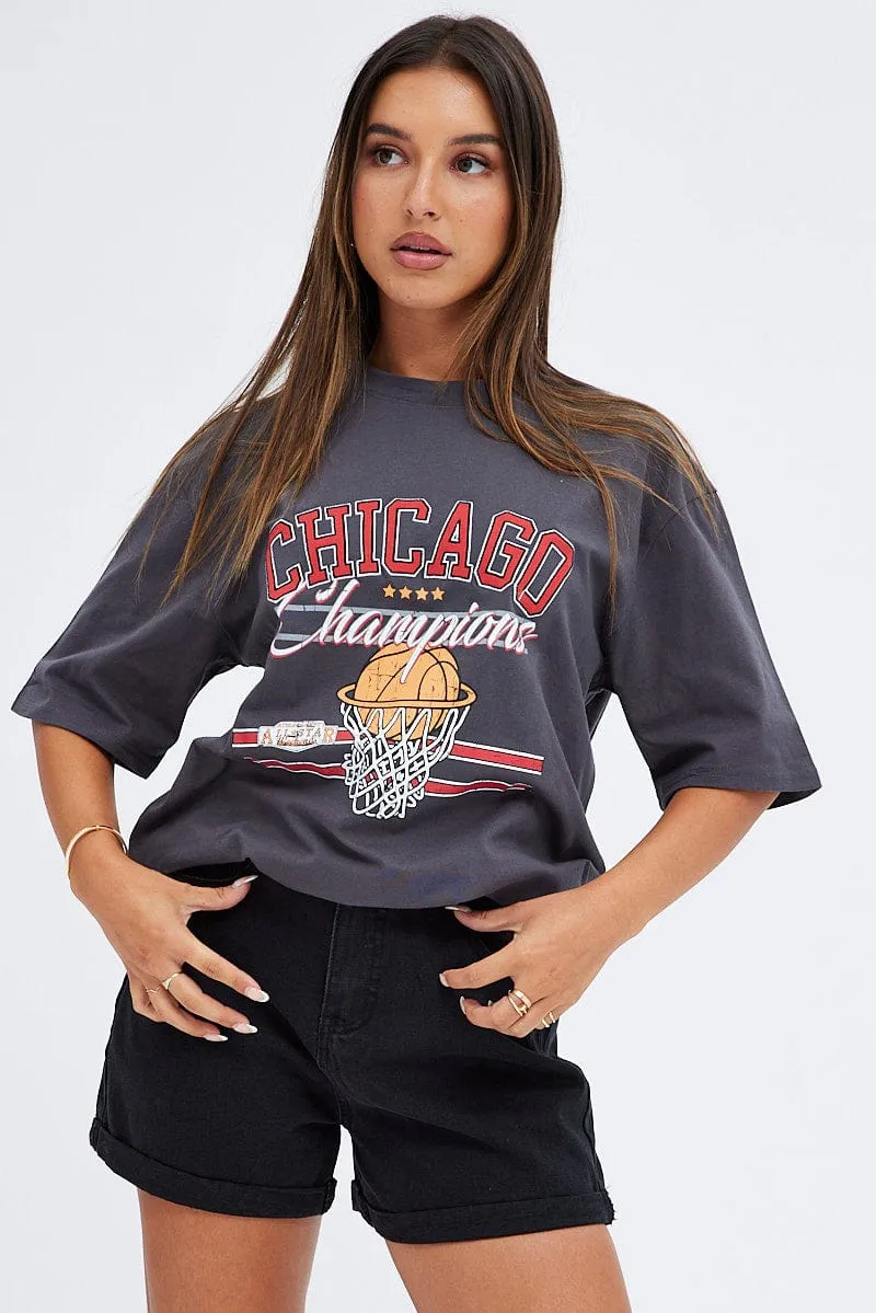 Grey T Shirt Short Sleeve Crew Neck Chicago Cotton sold by Ally Fashion