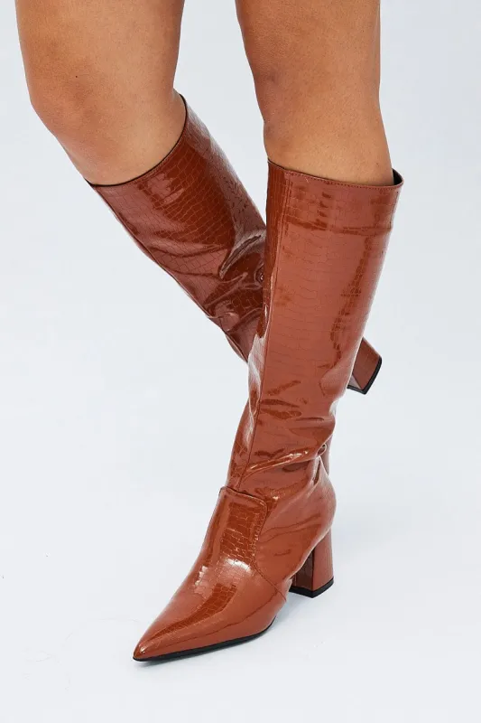 Brown Knee High Boots in Patent Faux Croc sold by Ally Fashion
