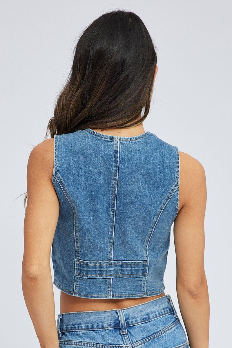 Denim Vest Top Sleeveless V Neck Semi-crop Button Up sold by Ally Fashion product image thumbnail 5