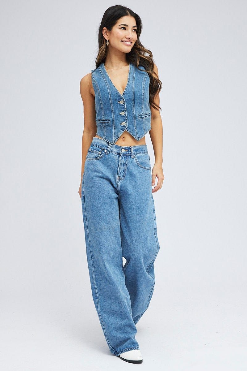 Denim Vest Top Sleeveless V Neck Semi-crop Button Up sold by Ally Fashion product image thumbnail 2