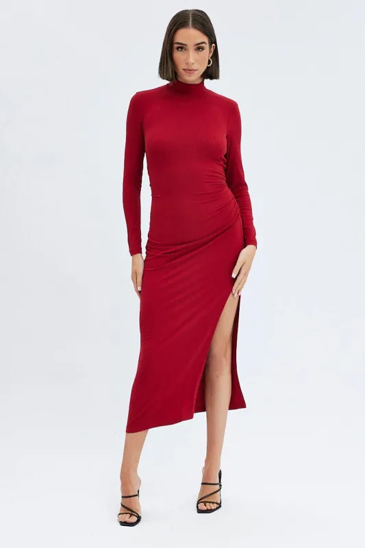 Red Midi Dress Long Sleeve High Neck Rib Jersey sold by Ally Fashion