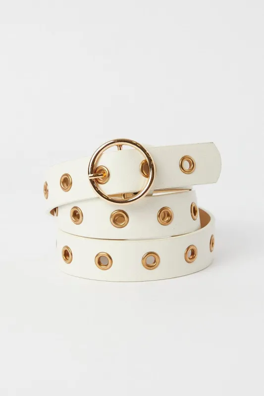 White Circle Buckle Belt with Eyelet Detail sold by Ally Fashion