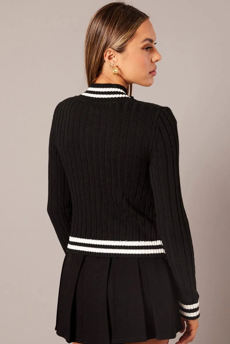 Black Zip Up Cardigan Long Sleeve Mock Neck Stripe Trim sold by Ally Fashion product image thumbnail 5