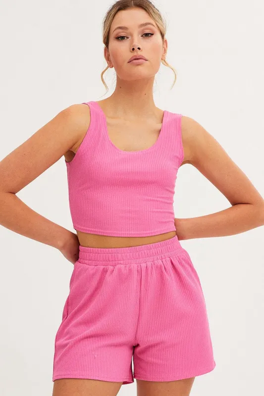 Pink Rib Jersey Crop And Shorts Set sold by Ally Fashion