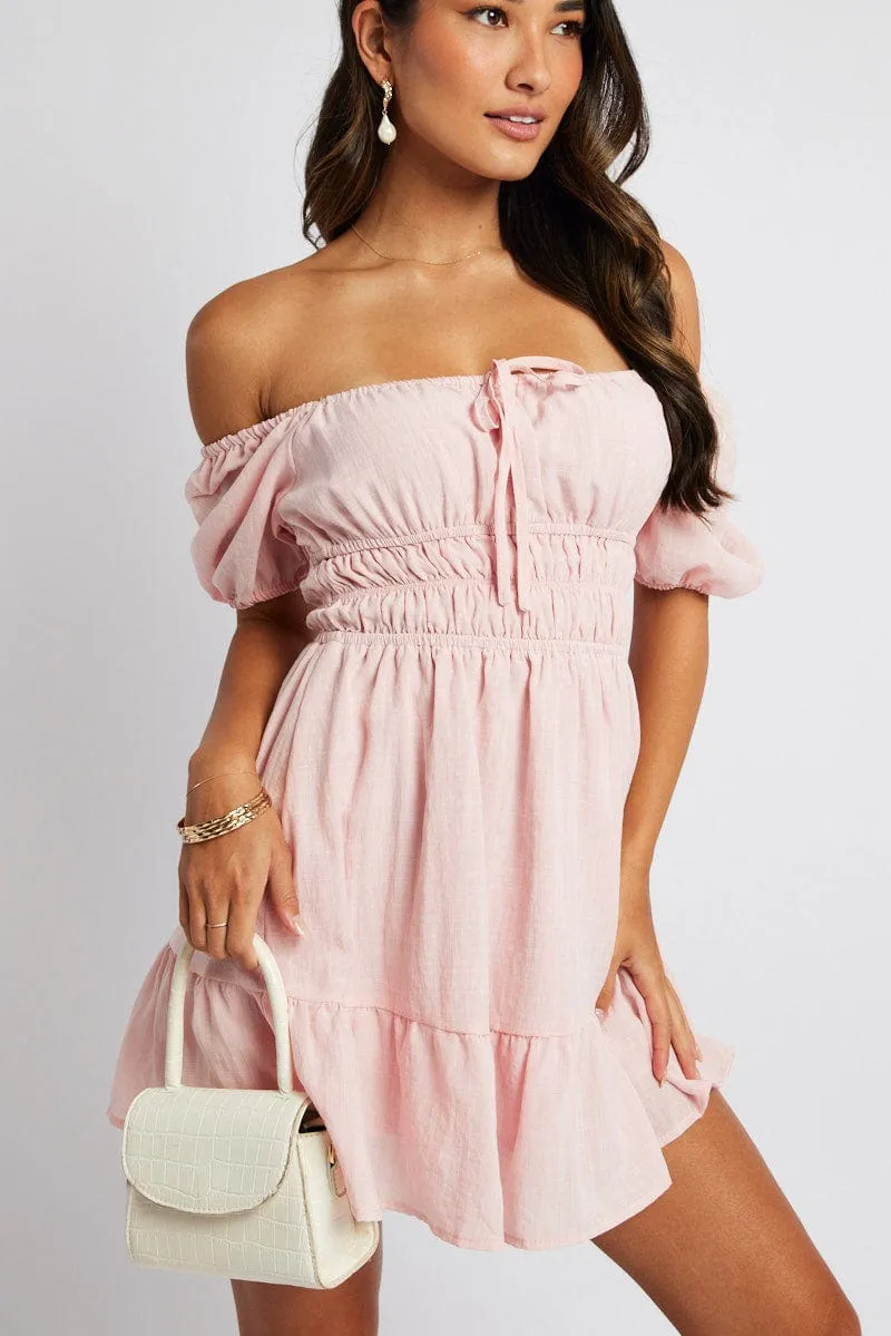 Pink Fit And Flare Dress Puff Sleeve Mini sold by Ally Fashion