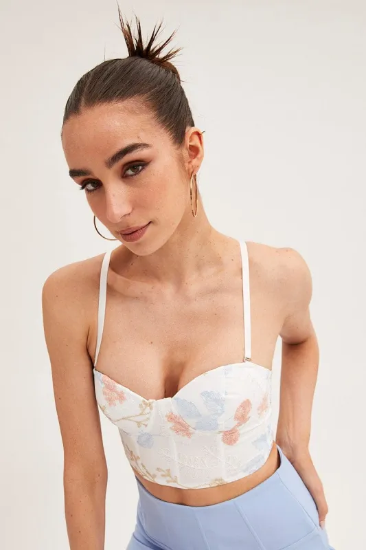 White Floral Print Lace Up Back Corset Top Lingerie sold by Ally Fashion