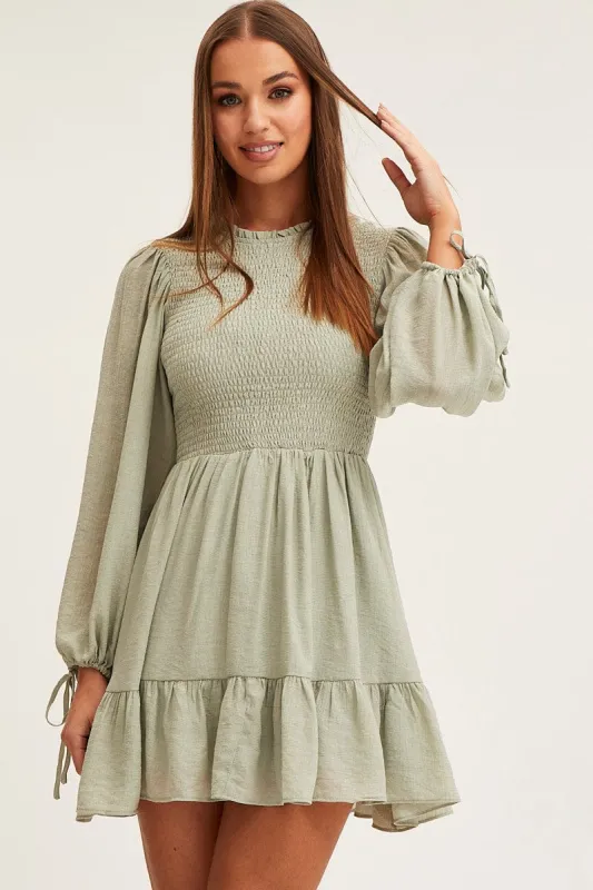 Green Shirred Dress Short Sleeve Mini sold by Ally Fashion