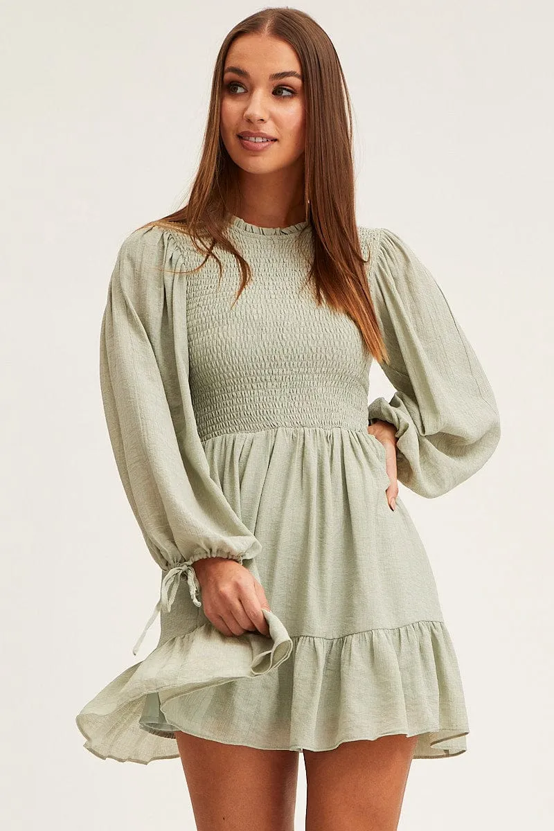 Green Shirred Dress Short Sleeve Mini sold by Ally Fashion product image thumbnail 3