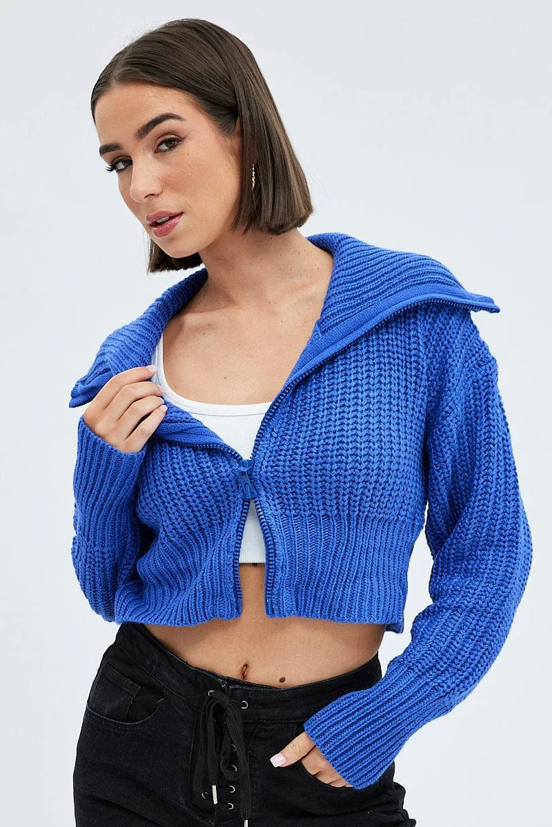 Blue Zip up Crop Cardigan sold by Ally Fashion