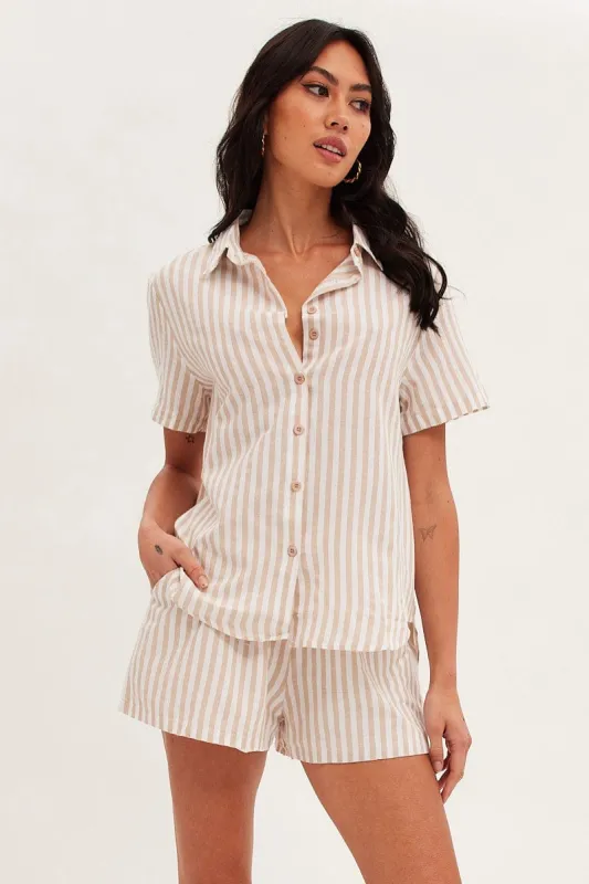 Beige Stripe Oversized Shirt Short Sleeve Collared Button Up sold by Ally Fashion