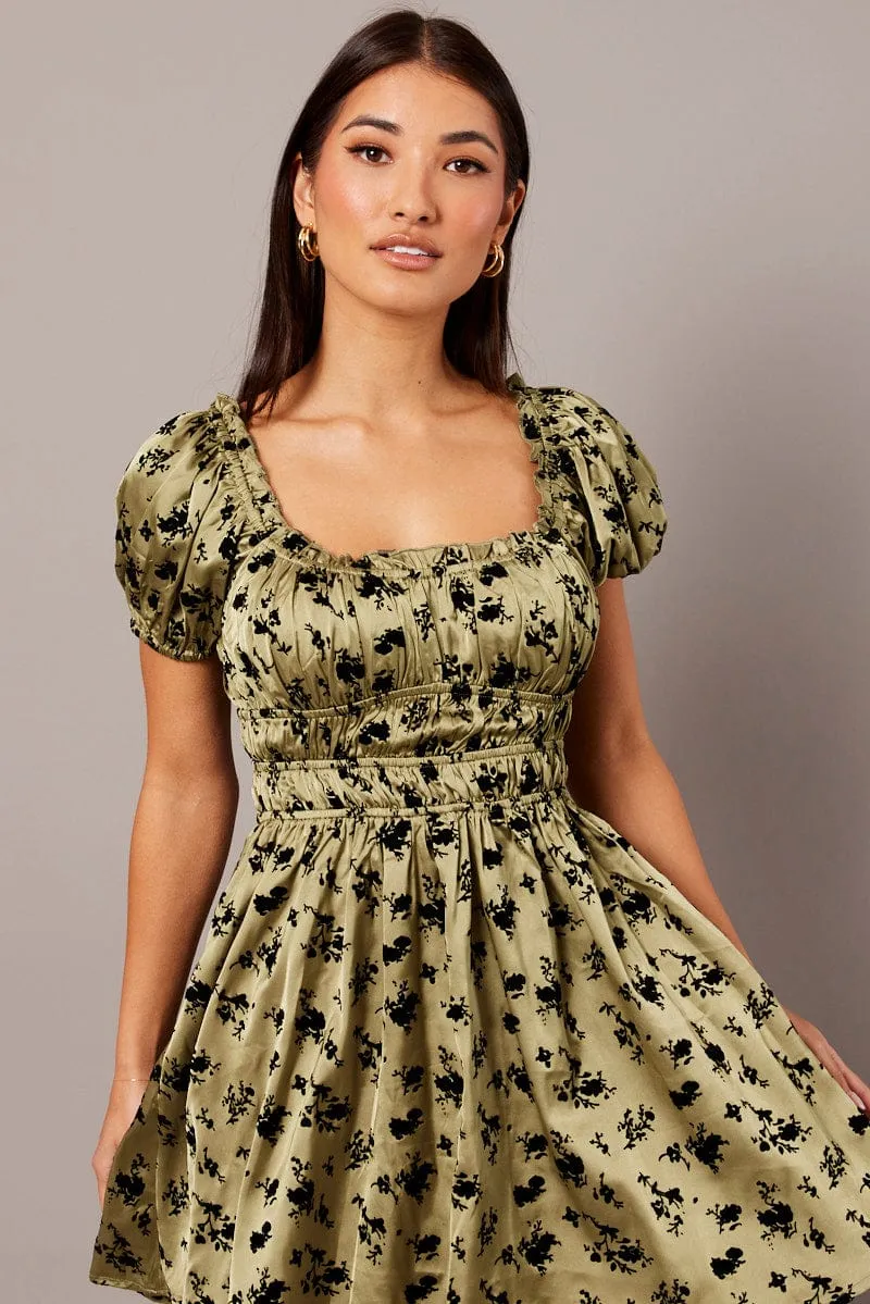 Green Floral Fit And Flare Dress Puff Sleeve sold by Ally Fashion product image thumbnail 3