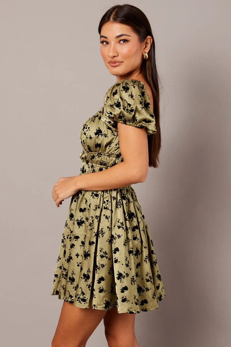 Green Floral Fit And Flare Dress Puff Sleeve sold by Ally Fashion product image thumbnail 4