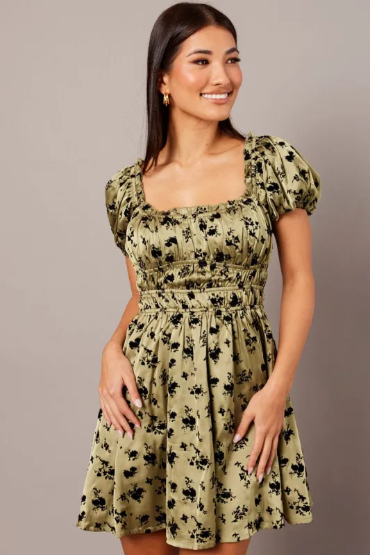 Green Floral Fit And Flare Dress Puff Sleeve sold by Ally Fashion