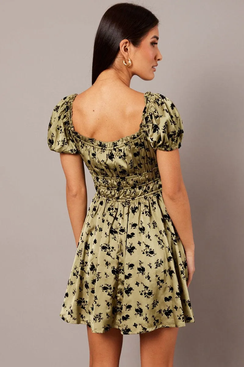 Green Floral Fit And Flare Dress Puff Sleeve sold by Ally Fashion product image thumbnail 5
