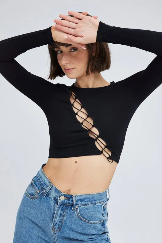 Black Top Long Sleeve Lace Up Seamless sold by Ally Fashion