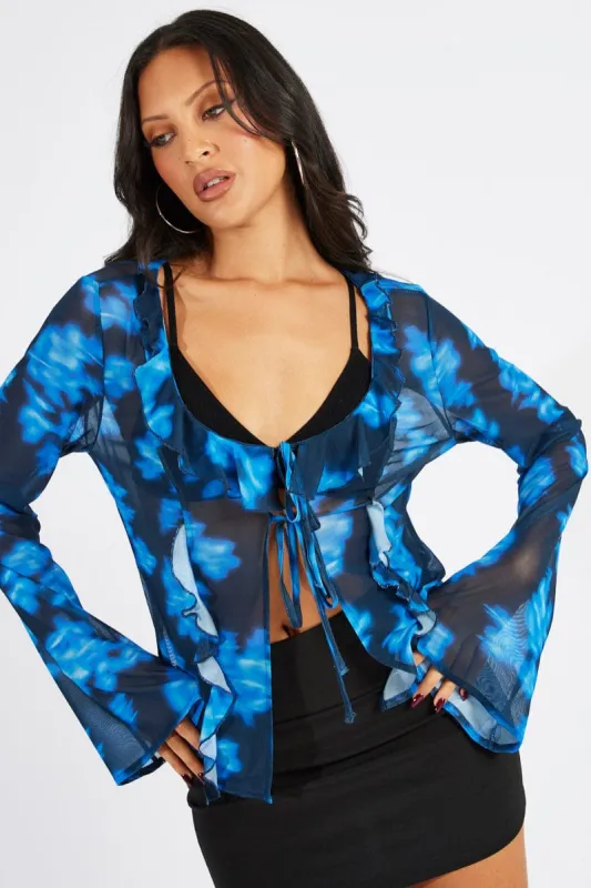 Blue Floral Frill Split Top Tie Front Long Sleeve sold by Ally Fashion