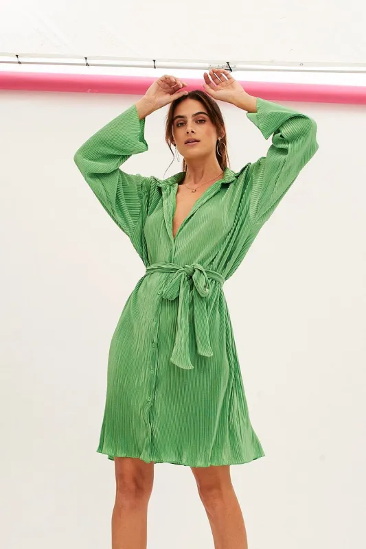 Green Plisse Shirt Dress Front Button sold by Ally Fashion