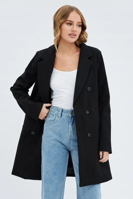 Black Check Coat Longline Collared Long Sleeve sold by Ally Fashion