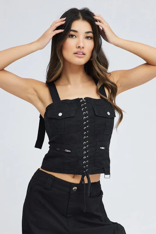 Black Cargo Top Sleeveless Square Neck Longline Utility sold by Ally Fashion
