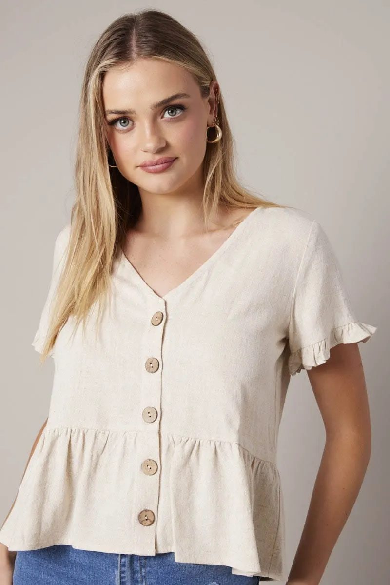 Beige Button Up Top V-Neck Frill Hem Top Linen sold by Ally Fashion product image thumbnail 3