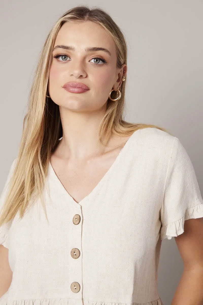Beige Button Up Top V-Neck Frill Hem Top Linen sold by Ally Fashion
