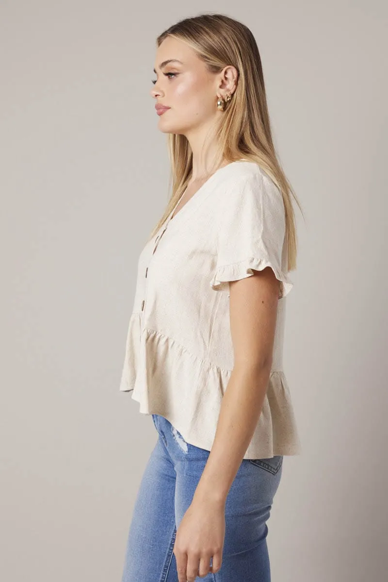 Beige Button Up Top V-Neck Frill Hem Top Linen sold by Ally Fashion product image thumbnail 4
