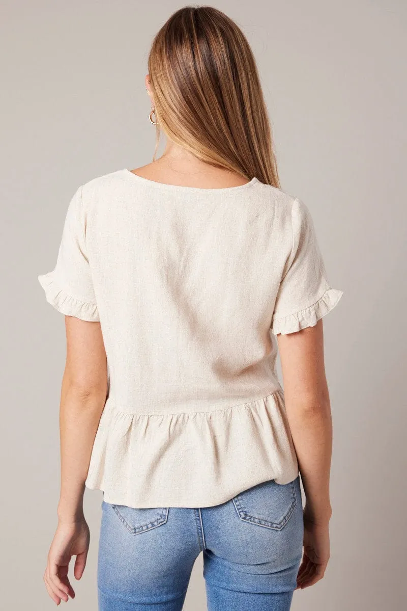 Beige Button Up Top V-Neck Frill Hem Top Linen sold by Ally Fashion product image thumbnail 5