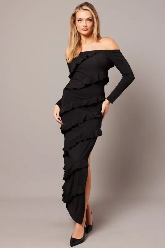 Black Maxi Dress Off Shoulder Ruffle Bardot Dress sold by Ally Fashion