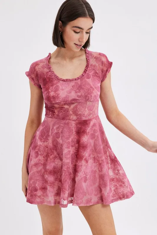 Red Paisley Mini Dress Short Sleeve Scoop Neck Fit & Flare sold by Ally Fashion