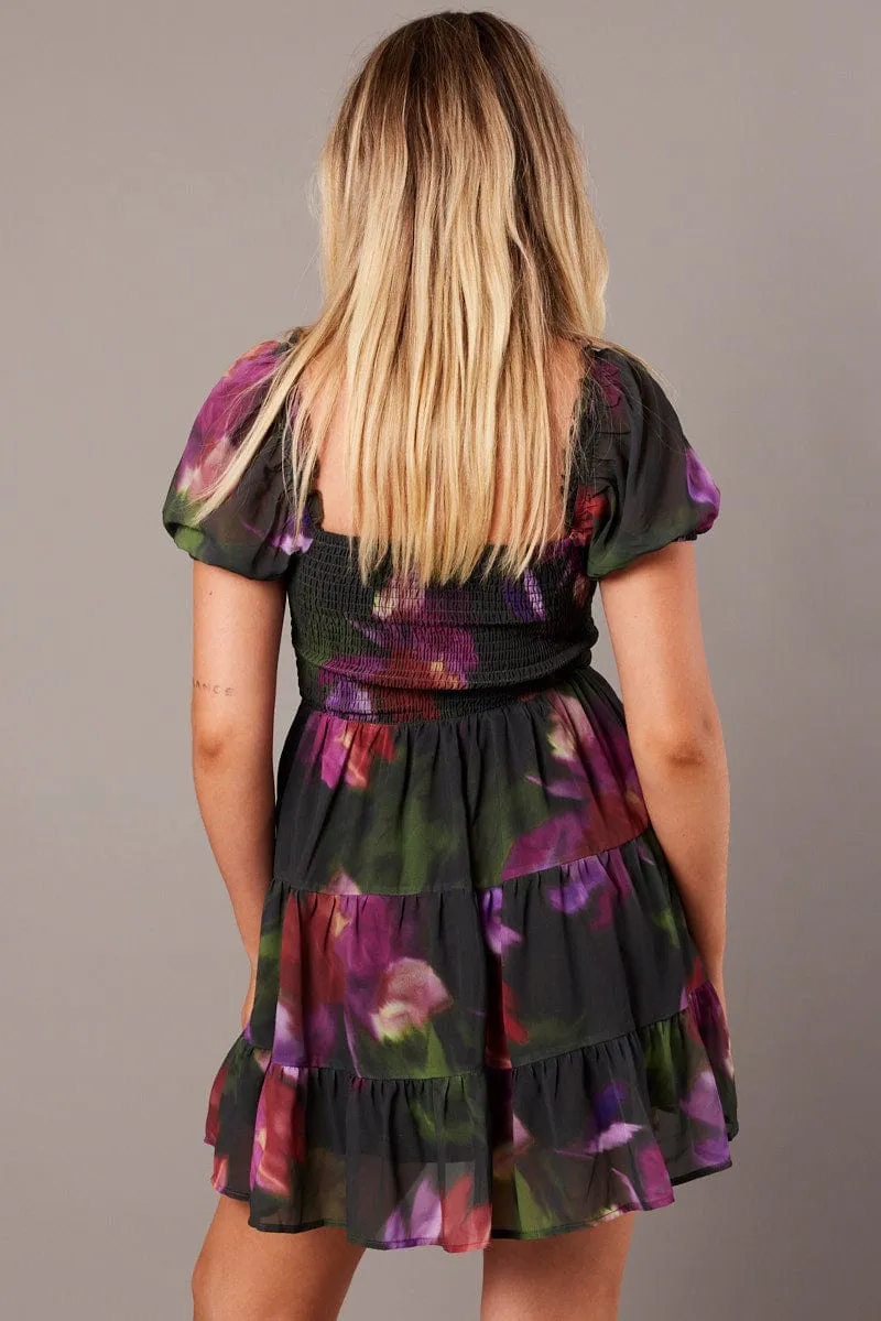 Multi Floral Fit And Flare Dress Puff Sleeve sold by Ally Fashion product image thumbnail 4