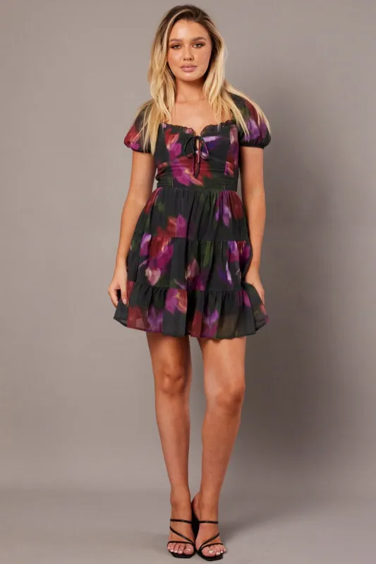Multi Floral Fit And Flare Dress Puff Sleeve sold by Ally Fashion