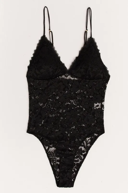 Black Floral Lace One Piece Teddy Bodysuit sold by Ally Fashion