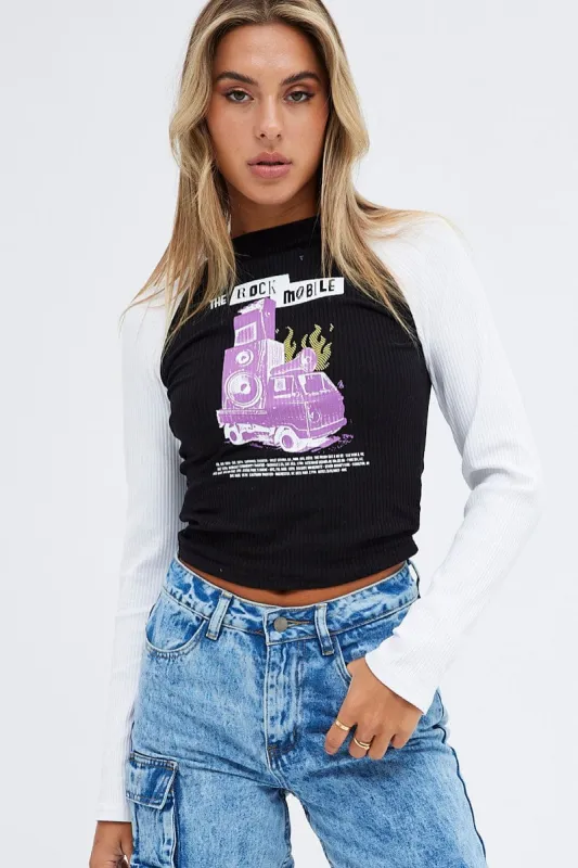 Black Top Long Sleeve Crew Neck Longline Rock Graphic sold by Ally Fashion