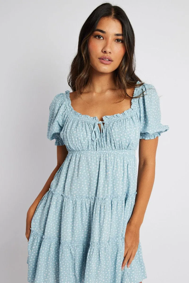 Blue Ditsy Fit And Flare Dress Puff Sleeve Mini sold by Ally Fashion product image thumbnail 3