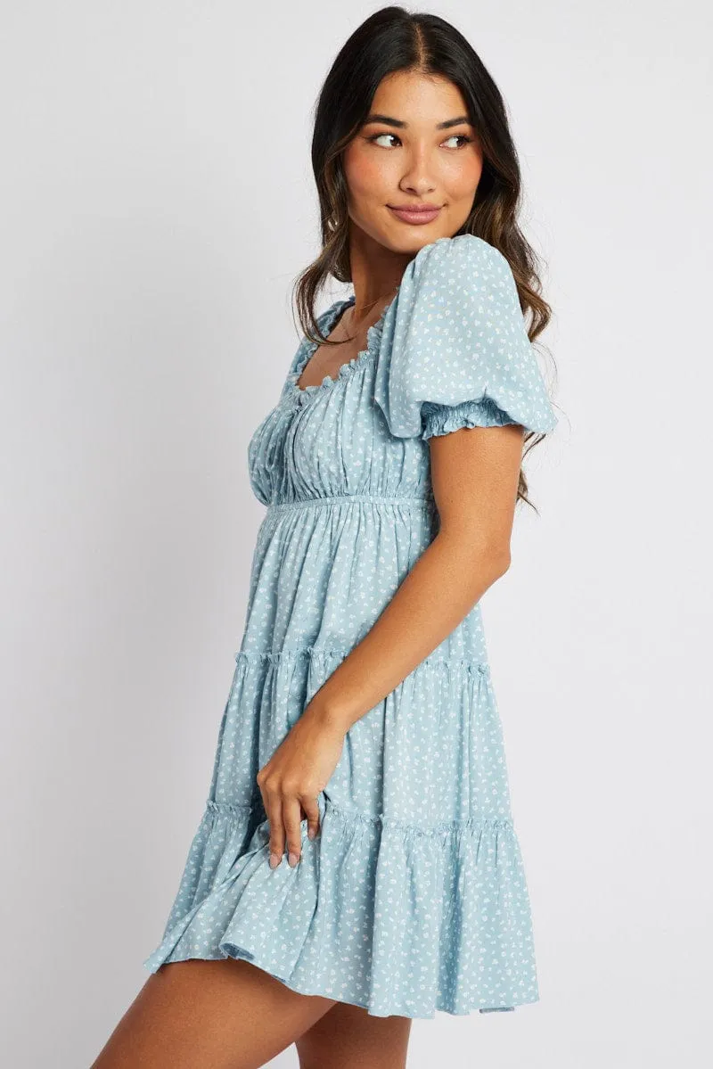 Blue Ditsy Fit And Flare Dress Puff Sleeve Mini sold by Ally Fashion product image thumbnail 4