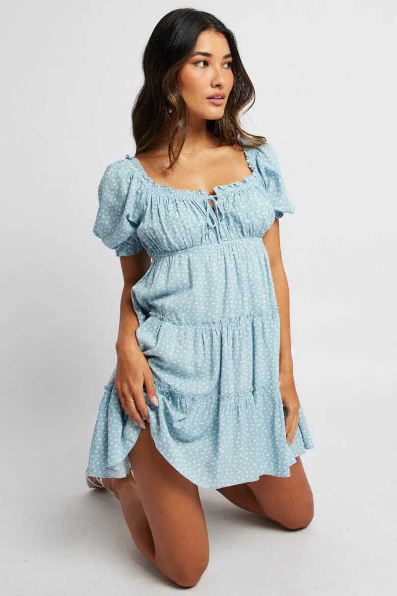 Blue Ditsy Fit And Flare Dress Puff Sleeve Mini sold by Ally Fashion