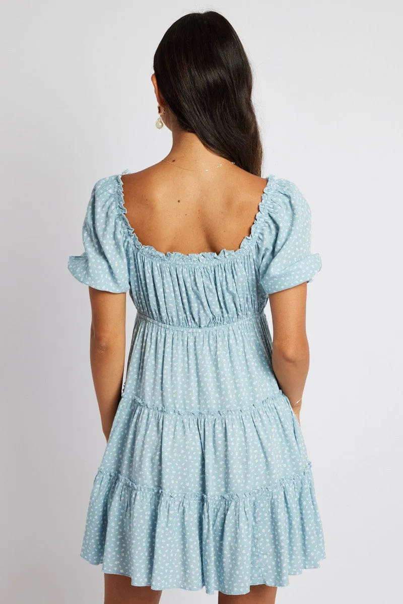 Blue Ditsy Fit And Flare Dress Puff Sleeve Mini sold by Ally Fashion product image thumbnail 5