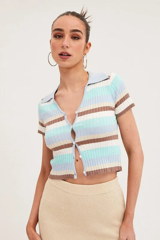 Blue Stripe Crop Cardigan Short Sleeve Knit sold by Ally Fashion
