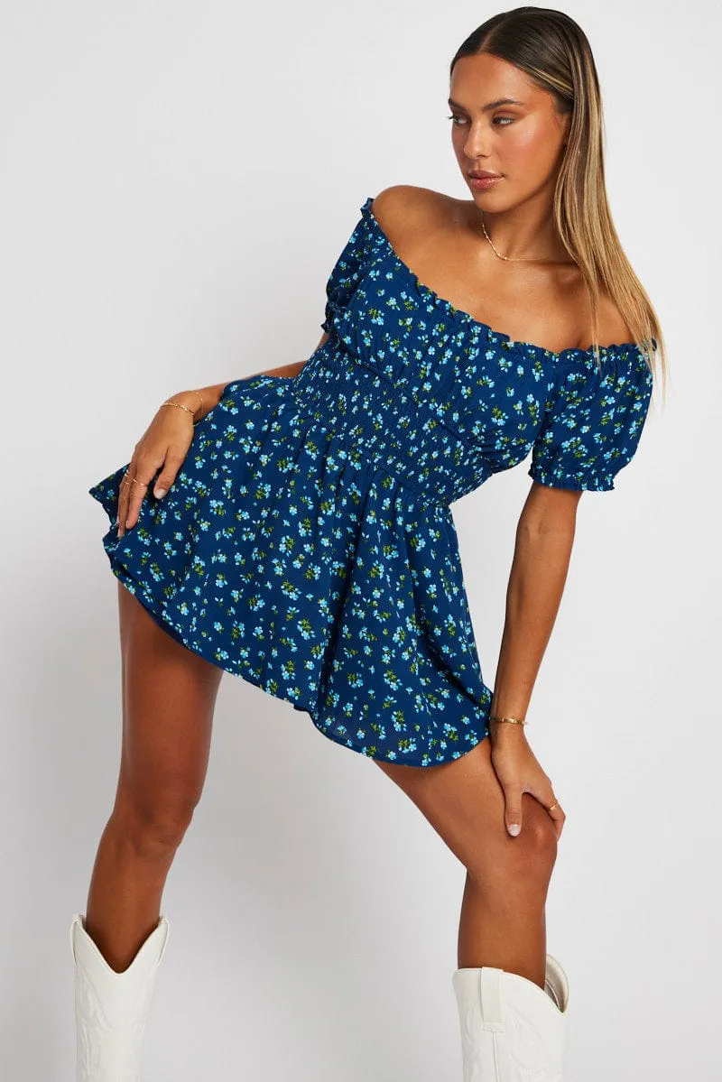 Blue Ditsy Ruffle Playsuit Short Sleeve sold by Ally Fashion