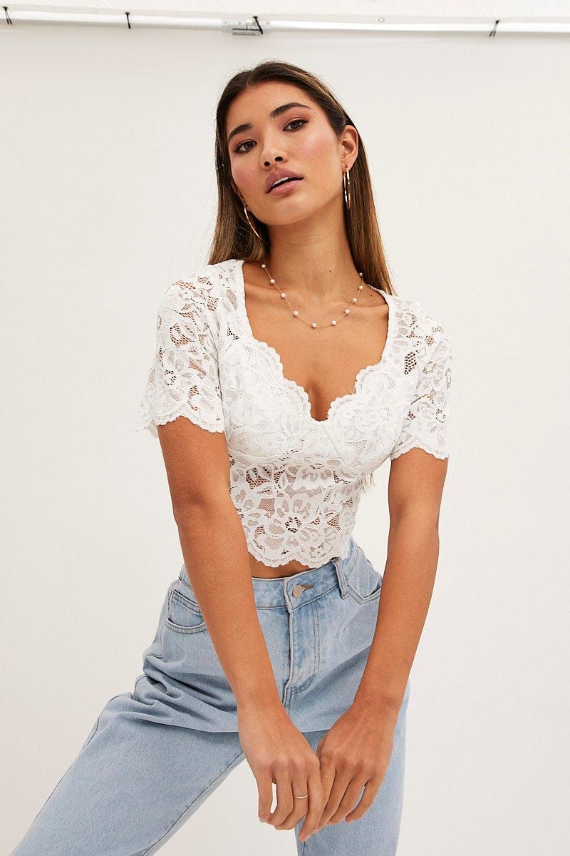 White Lace Top Short Sleeve V Neck Crop sold by Ally Fashion