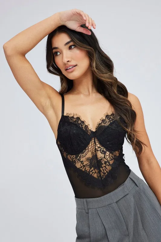 Black Lace One Piece Bodysuit sold by Ally Fashion