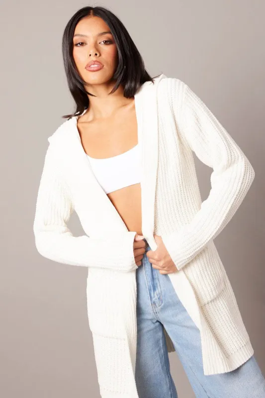 White Knit Cardigan Hooded Longline Chenille sold by Ally Fashion