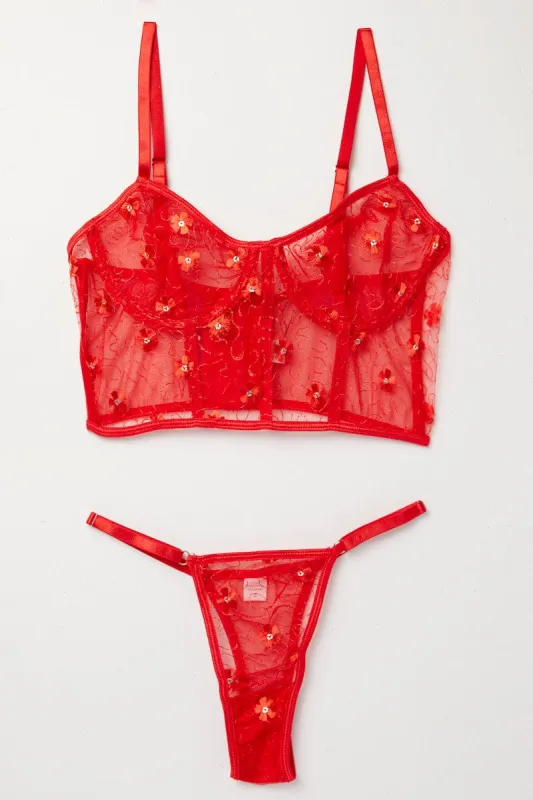 Red Floral Embroidery Lingerie Set sold by Ally Fashion