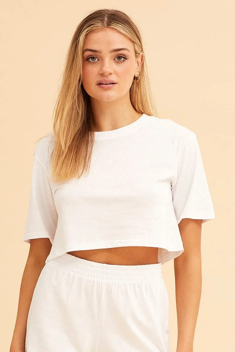 White Crop T-Shirt Crew Neck Short Sleeve Relaxed Fit sold by Ally Fashion product image thumbnail 3