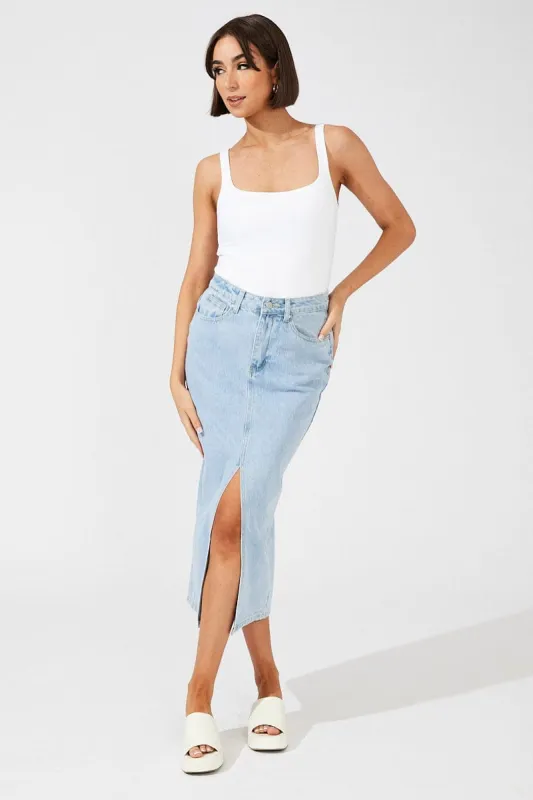 Blue Denim Skirt Maxi Front Split sold by Ally Fashion