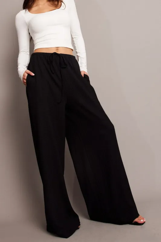 Black Wide Leg Pants High Rise Textured Fabric sold by Ally Fashion