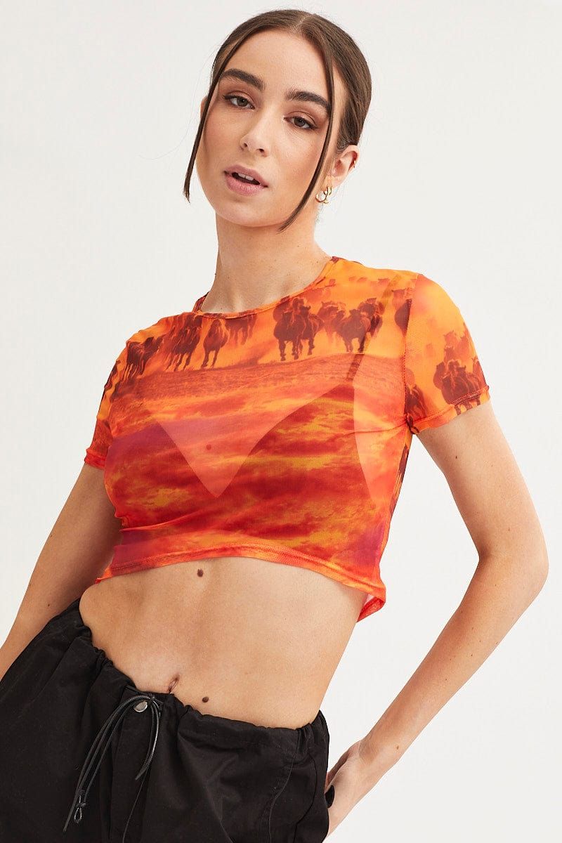 Orange Abstract Landscape Print Mesh Short Sleeve Top sold by Ally Fashion product image thumbnail 3