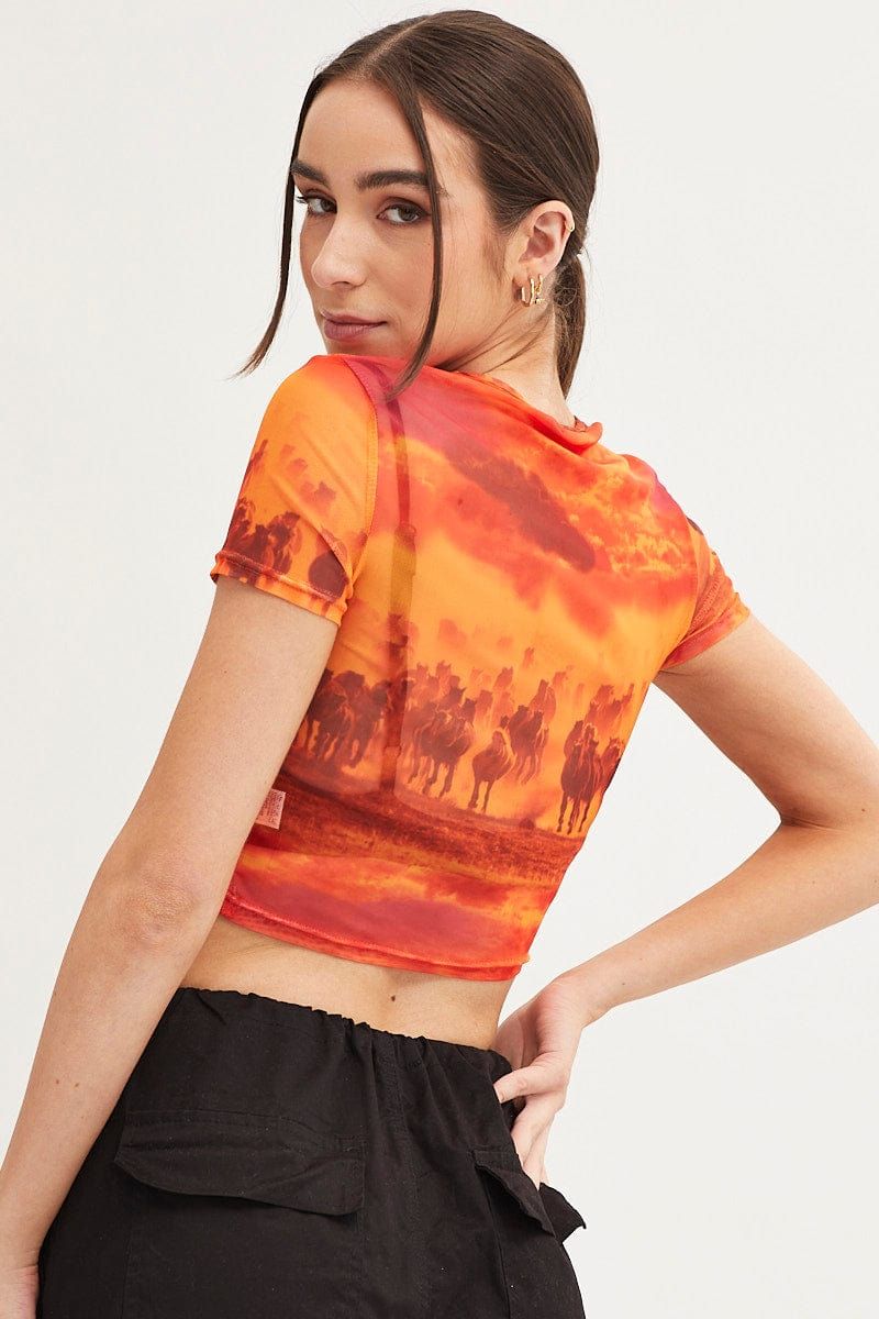 Orange Abstract Landscape Print Mesh Short Sleeve Top sold by Ally Fashion product image thumbnail 5